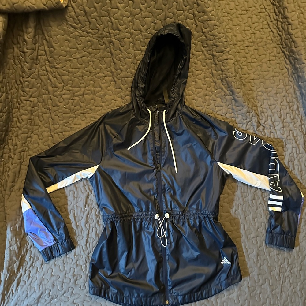 Adidas Navy Blue Windbreaker Jacket with Adjustable Waist